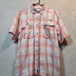 Men's MAGELLAN OUTDOORS FISH GEAR SIZE L Orange Plaid Short Sleeve Shirt